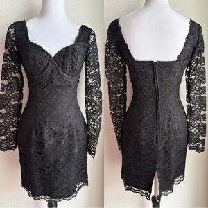 Vintage 90s Era Moda International Black Lace Puff Sleeve Sweetheart Dress 4P
